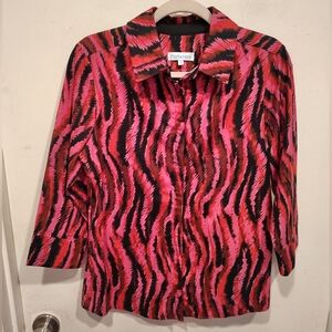 Perlavera Women's Pink Zebra Print 3/4 Sleeve Button Down Nova Shirt S Travel